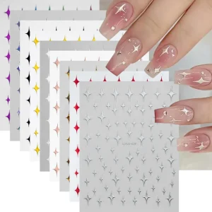 Silver Stars Nail Art Stickers 3D Bronzing Laser White Cross Starlight Y2K Stylish Adhesive Colorful Manicure Decorations