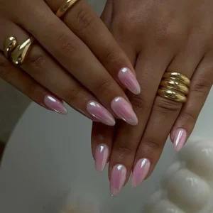 Simple Fake Nails Pink White Aurora Chrome Long Almond Press On Nails Shiny Metallic Acrylic False Nails