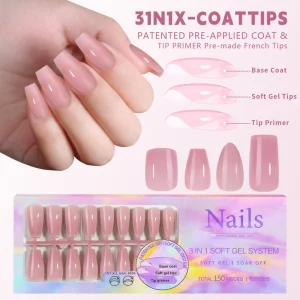 Soft Gel Artificial Nail Pre designed Tips Middle Square Full Cover French Nail Tips