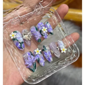 Spring New Customizable 3D Acrylic Full Cover Luxury Almond Nail Tips Glue Purple Marble Glitter Floral Design for Women