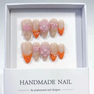 Spring Pure Handmade French Pearl Almond Nail Tips High End 3D Flower Fresh Style Press on Nails