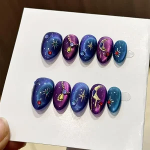 Spring Purple Blue Eye Press on Nails Handmade Moon Star Gem Design Luxury False Support Custom Package