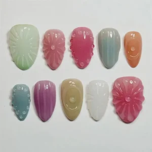 Spring Summer Custom Handmade Press on Nails 10pcs Set Hand Drawing & Pearl Accents Reusable Almond Fake Nails for Women