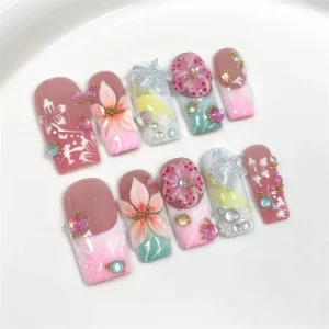 Spring Summer New Custom Press on Nails 3D Flower Pearl Design Reusable Square Fake Nails for Women XS S M L
