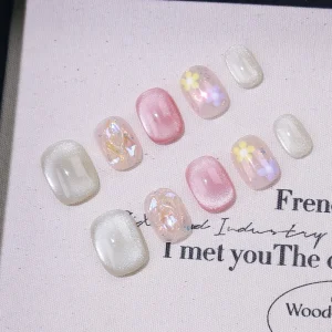 Spring Summer Pure Handmade Cat Eye Press on Nails Pure Desire Style Hand Painted Flowers Removable False Nails
