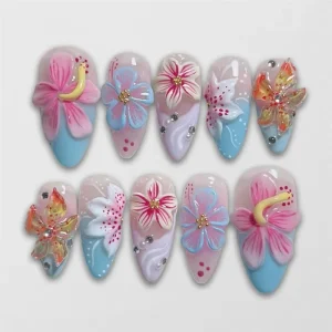 Spring Tropical Floral False Nails Handmade Almond 3D Hibiscus Artificial Fingernails Custom Dolphin & Rainbow Press on Nails
