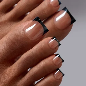 Square Glaze Black French Tip Toe Nail Press Ons with Glue for Women Reusable Soft Gel Fake False Toenails