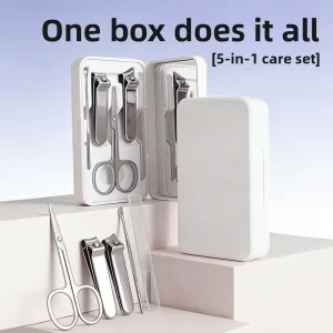 Stainless Steel 5 Piece Nail Clipper Set with Eyebrow Cutter Flat Mouth Design Boxed Gift for Beauty Makeup