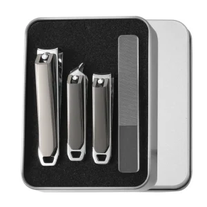 Stainless Steel Finger Nail Clipper 4 Piece Set with Wide Jaw Opening Premium Compact Glass File Manicure Kit for Home & Travel