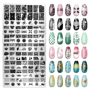 Stainless Steel Nail Art Stamping Template Manicure Tools with Heart Leaf Snake Skin Butterfly Image Transfer Plate