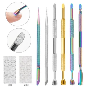Stainless Steel Nail Cuticle Pusher Manicure Tool for Dead Skin Removal with Sanding Pads