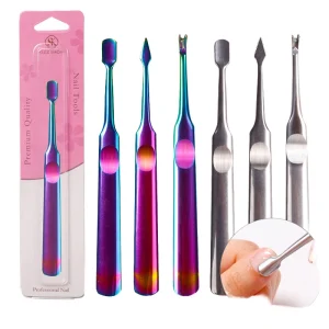 Stainless Steel Nail File & Art Tool Portable Flat Beveled Manicure Push Die with Leather Fork