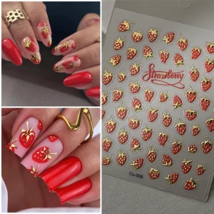 Strawberry Nail Art Stickers 3D Gold Foil Cute Fruit Nail Decals for Women DIY Nail Art and Phone Decoration