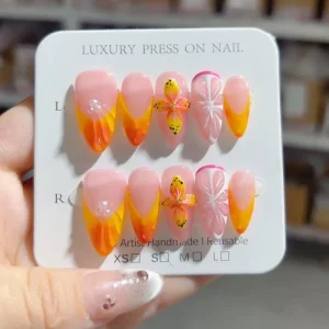 Summer 3D Charm Handmade Flowers Almond Design Press on Nails 10 Pcs Butterfly Full Cover Acrylic False Nails