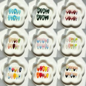 Summer 3D Embossed Flower Handmade Press on Nails Coquette Almond French Tip Reusable Artificial Nails