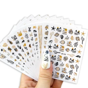 Summer French Thin Seashell Conch Starfish Nail Art Stickers 3D Laser Gold Black Mermaid Nail Decals Sea Manicure Decals