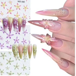 Summer Ice Lily Flower Relief 3D Nail Sticker Pink Rose Purple Mint Green Plastic Material Nail Decorative Art