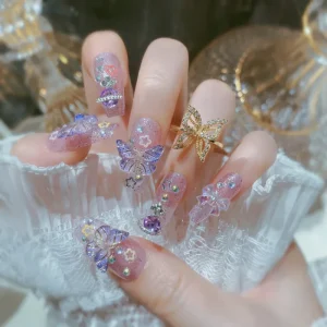 Summer Spring Artificial False Nails Artificial Finger Purple Butterfly Design Handmade Press on Nail