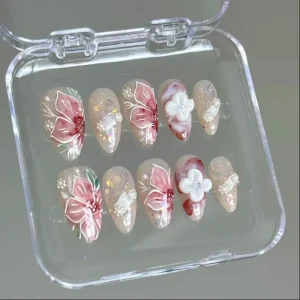 Summer Vacation Press on Nails Handmade Almond Yellow French Fake Nails Customizable Hand Painted Floral Nail Tips for Women