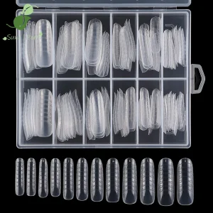 SunelPort Nail Art Crystal Press On Nails D04 120Pcs Ultra-thin Transparent PMMA Mold Curved Grid Raised Handle No Paper Design