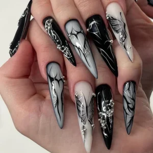 Supplier Cool Hot Style False Nails Hearts and Butterfly Press on Nail Black and White Halo Wearable Press on Nails