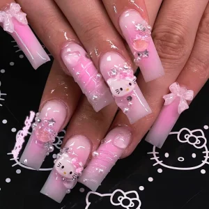 Supplier Cute Kitty Wear Nails Water Ripple Fake Nails Clippings Bow 3D Press on Nails