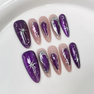 Sweet Cool Dark Purple Ombre Metal 3D Hand Painted Star Jelly Unique Acrylic Handmade Press on Nails
