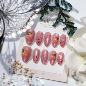 Sweet Summer 3D Pink Strawberry Almond Shaped Press On Nails Featuring Cat Eye Leopard Print and French Manicure Styles