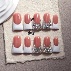 TSZS 10Pcs Handmade White French Tip Hard Acrylic Press on Nails High Quality Long Duckbill Shaped Glossy Artificial Nails