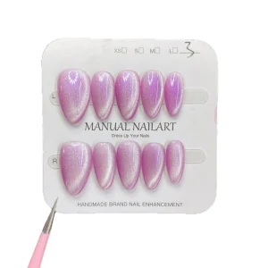 TSZS 10Pcs Soft Almond Shape Cat’s Eye Crystal Handmade Press On Nails For Women Sparkling Gel Finished Removable Fake Nails