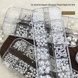TSZS 12 Grids Box Heart Love Pearl Nail Charms 3D Mix Size White Cream Color Flat Back Round Pearl Nail Art Decorations