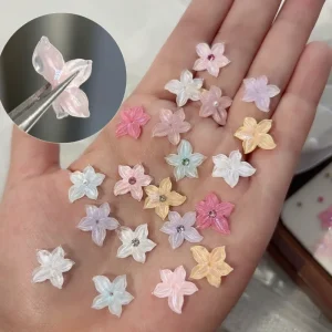 TSZS 30Pcs 3D Soft Carved Flower Nail Charms Colorful Rhinestone Resin Nail Art Decorations for DIY Manicure