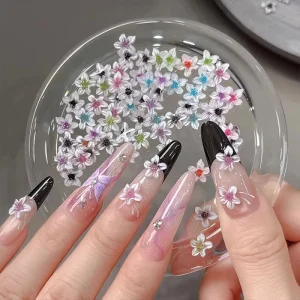 TSZS 50Pcs 3D Five petal Flower Nail Charms Luxury Mixed Color Gradient Mini Resin Flower Nail Art Decorations for DIY Manicure