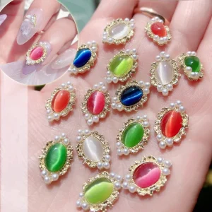 Tiktok New 3D Alloy Cat Eye Stone Nail Charms Manicure Design Opal Magic Nail Art Decoration Pearls