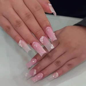 Tiktok New ABS False Nails French Style with 3D Flowers Nails Square Pink Glitter Ballerina Coffin Faked Nails Full Cover