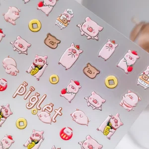 Tomoni Self Adhesive Ultra Thin Happy New Year Nail Decal Cartoon Pig Kawaii Nail Art Charm Made of Plastic