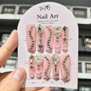 Transparent Pink Heart-shaped Diadema Sparkling Diamonds Handmade Wearable Press on Nails