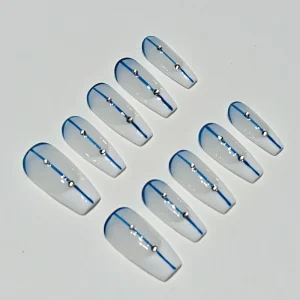 Trend Design Press On Nails French Blue Line with Rhinestones