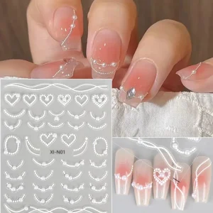 Trendy 5D Embossed White Pearl Chain French Hollow Heart Nail Stickers 3D Plastic Nail Decorations for Art Enthusiasts