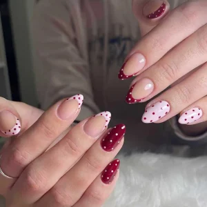 Trendy French Long Almond Nails Red Dot Wearable Eco Friendly ABS Gel Coated Reusable False Nails For Women Finger Nail Tips