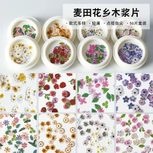 Ultra Thin 3D Flower Nail Art Accessories 50Pcs Box Small Daisy Rose DIY Decorations French Style Wood Pulp Patch Mixed Colors