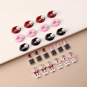 Valentine’s Day 3D French Girl Romantic Valentine’s Day Nail Accessories Lipstick Red Lips and Diamonds Manicure Decoration
