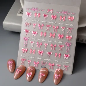 Valentine’s Day 3D Plastic Nail Art Stickers Pink Red Bowknot Heart Design Self Adhesive Rhinestone Nail Decals for