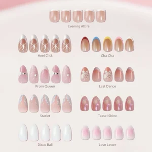 Valentine’s Day Handmade Pink Glitter False Fake Nails High Quality Almond Soft Gel 3D French Tip Press on Nails Bulk