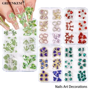 Valentine’s Day Metal Nail Decoration 6 Grid Mixed K9 Rhinestone Hollow Love Cherry Design Nail Charms DIY Art