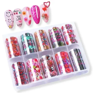 Valentine’s Day Nail Foil Set 10PCS 100X4cm Love Heart Little Bear Starry Paper Nail Transfer Foil Valentine Sticker