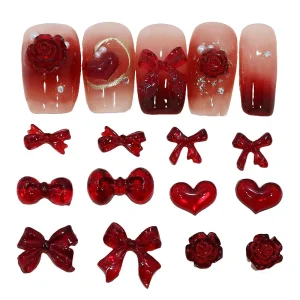 Valentine’s Day Nail Resin Red Charms Flower Decoration Ribbon Bow Nail Charms Sweet Red Mixed Bow Nail Art Decoration