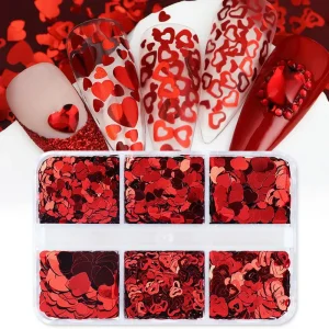 Valentine’s Nail Charms Glitter Sequins 3D Ultra-Thin PET DIY Nail Art Sequins Holographic Love Heart Nail Art Decorations