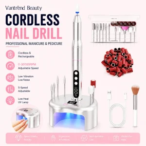 Vantrend Beauty Nail Drill Machine Professional Cordless Nail Files 35000RPM Nail Grinder Portable Manicure Tool Nail Drill Bits
