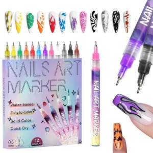 Washable 12 Colors Nail Art Graffiti Painting Markers for Kids 0.5mm Quick Dry Nail Polish Pen Marker Set